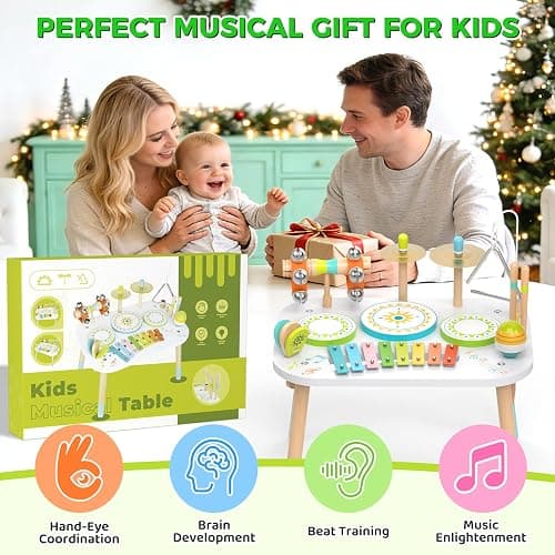 12-in-1 Drum Set for Toddlers 1-3,Baby Musical Instruments Table ,Wooden Montessori Toys with Xylophone,Bongo Drums,Cymbals,Maracas & Wrist Bells,Birthday Gift for 1 2 3 Year Old Boy Girls thumbnail 7