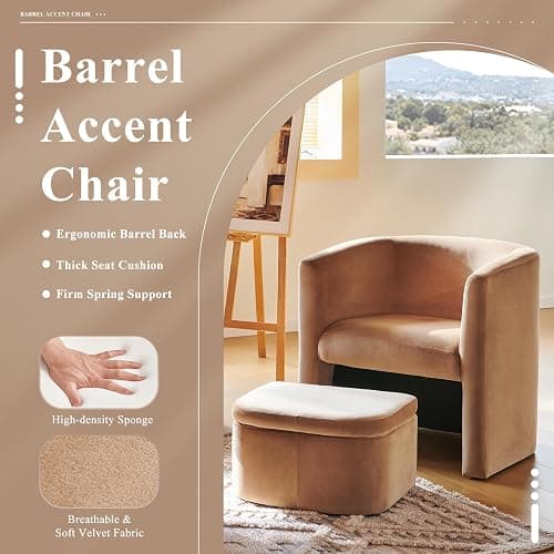 COLAMY Upholstered Velvet Barrel Accent Chair with Storage Ottoman, Morden Living Room Chair with Lounge Seat for Bedroom/Reading Spaces, Khaki - Khaki - Set of 1 thumbnail 4