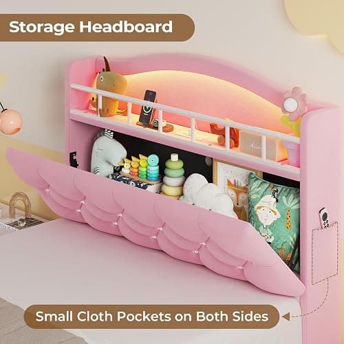 HAUOMS Twin Size Bed Frame with LED Lights, Princess Velvet Upholstered Platform Bed for Girls, Headboard with Charging Station & Guardrail & Crystal Button, No Box Spring Needed, Pink thumbnail 4