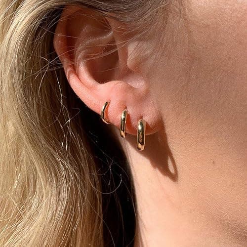 3 Pairs 14K Gold Plated Huggie Hoop Earrings for Women, Minimalist Gold Huggie Hoop Earrings, Simple 3 sizes Hoop Earrings for Women Men gift,gold silver rose gold and black - Gold thumbnail 2