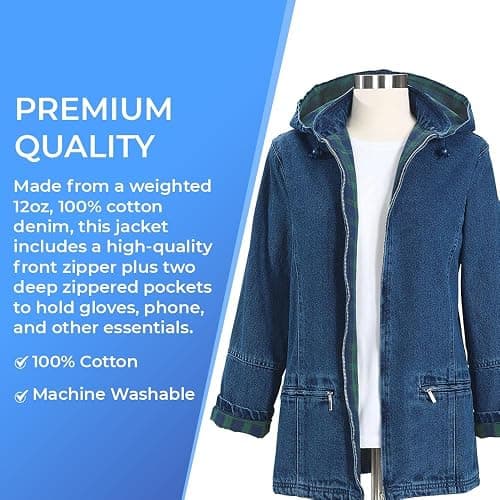 SAGEFINDS Women’s Flannel Lined Denim Jacket | Detachable Hood | Zip Front and Side Pockets | 100% Cotton thumbnail 4