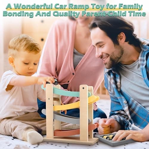 Car Ramp Toys for One Year Old Boy Birthday Gifts, Wooden Montessori Toys for 1 2 Year Old, Race Track Truck Toy with 4 Mini Cars/1 Parking Lot, First Christmas Birthday Gifts for Toddlers 1-3-2-4 thumbnail 5