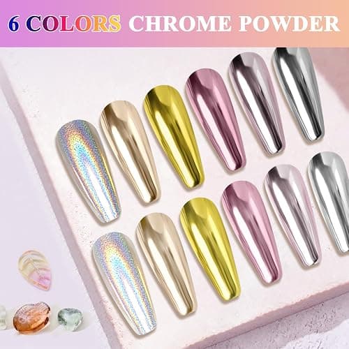 Gold Silver Chrome Nail Powder, DRMODE 6 Colors Metallic Mirror Effect Pink Light Purple Champagne Chrome Powder for Nails, Unicorn Iridescent Holographic Pigment Dust for Nail Art thumbnail 4