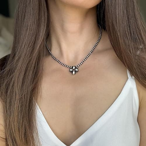 925 Navajo Pearl Style Necklace for Women - Sterling Silver 4 mm Hand Beaded Necklace Southwestern Western Jewelry Handmade in the USA thumbnail 5