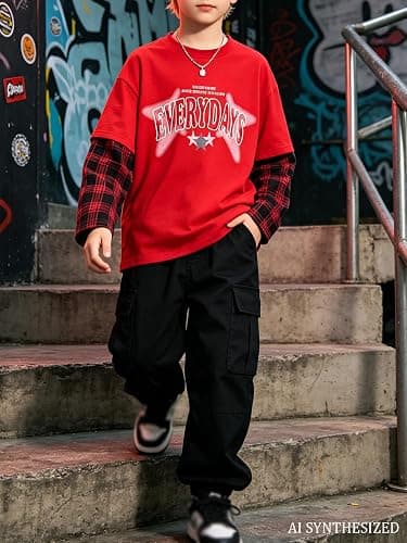 Fdqin Boys Shirts Star Letter Graphic Tee Tops Plaid Long Sleeve Clothes | 3-Piece Set, 7-16Y Teen, 2-in-1 Spliced, Soft Breathable, Crew Neck, Loose Fit, Spring Fall Casual Wear, Machine Washable thumbnail 2