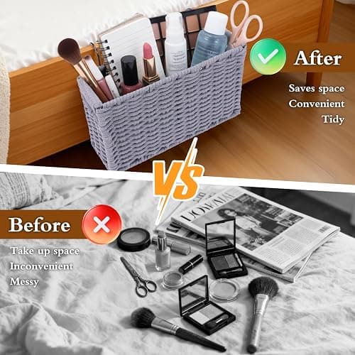 Cotton Rope Woven Bedside Caddy for Dorm Bed, Foldable Bedside Shelf Bunk Bed Accessories, College Dorm Room Essentials Hanging Organizers Storage Basket, Room Decor Magazine File Holder (Black) thumbnail 5