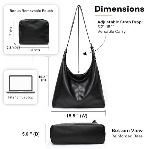 Hobo Bag for Women, Soft Vegan Leather Slouchy Shoulder Tote Purse with Matching Pouch, Adjustable Strap & Magnetic Closure thumbnail 5