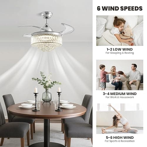 36" Fandelier, Crystal Ceiling Fan with Lights and Remote, Invisible Retractable Dimmable Chandelier Fan, 6-Speed Reversible Timer Ceiling Fan Light Kit for Bedroom Living Room Dining Room-Chrome thumbnail 4