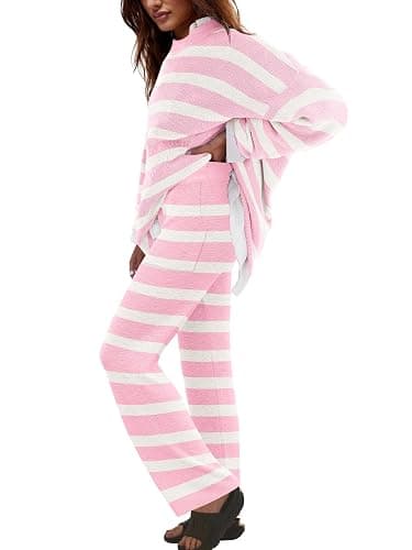 LAMISSCHE Oversized Womens Lounge Set Striped Sweater Set Long Sleeve 2 Piece Pajama Set Top and Pants with Pockets thumbnail 2