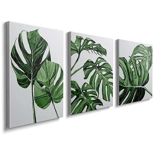 Canvas Wall Art Prints 3 Pieces White Green Leaves Picture Framed Artwork Paintings for Bedroom Living Room Kitchen 30 x 40cm Home Wall Decoration Paintings Personalised Photo Gifts, GYH0007 - Image 1