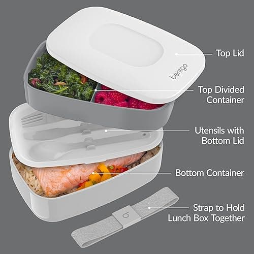 Bentgo Classic - Adult Bento Box, Stackable 3-Compartment Lunch Box with Removable Utensil Set and Sealing Strap, BPA-Free, Food Container Ideal for Meal Prep, Work, and On the Go (Gray) - Gray thumbnail 5