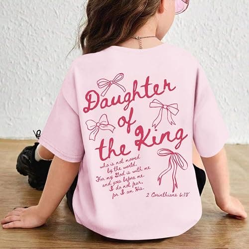 Fkatuzi Girls Christian Jesus Faith Shirts for Kids Cute Bow Shirt Daughter of The King God Bible Verse Graphic Tees Cotton thumbnail 3