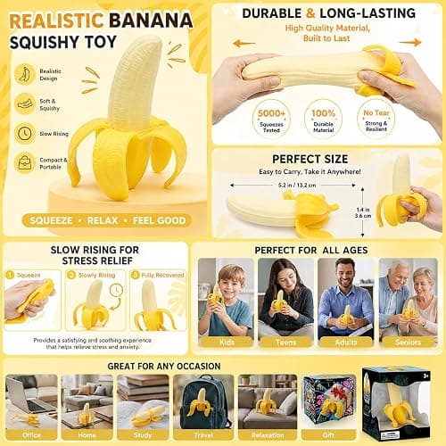 2Pcs Realistic Banana Squishy Toy,Jumbo Squishy, Oversized Squishy Toys for Adults,Soft Scented Stress Relief Toy, Slow Rising Sensory Squeeze thumbnail 7