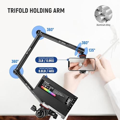NEEWER Upgraded Overhead Camera Rig with Trifold Camera Boom Arm (Max Load 2lb), 47"/1.2m Telescopic Desk Mount Stand (Max Load 8.8lb) with Phone Clamp Ball Head for LED Light Webcam Mic, TL253A+MH022 thumbnail 3