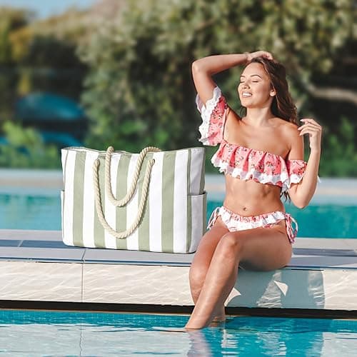 Becokan Sac de piscine pour femme – Imperméable à l'eau et au sable à grandes rayures avec fermeture éclair thumbnail 7