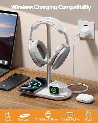 Universal Headphone Stand, Magnetic Wireless Charger for iPhones/AirPods/iWatch, Aluminum Alloy Rod, Leather Pad, ABS Solid Base, White thumbnail 3