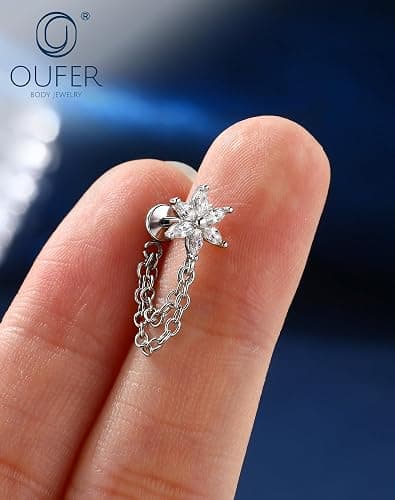 OUFER Flowers Helix Stud Dangly Chains Conch Tragus Piercing Jewellery 16G 6mm Threadless Forward Helix Jewelry Gold Silver Flat Back Cartilage Earrings Stud for Women thumbnail 5