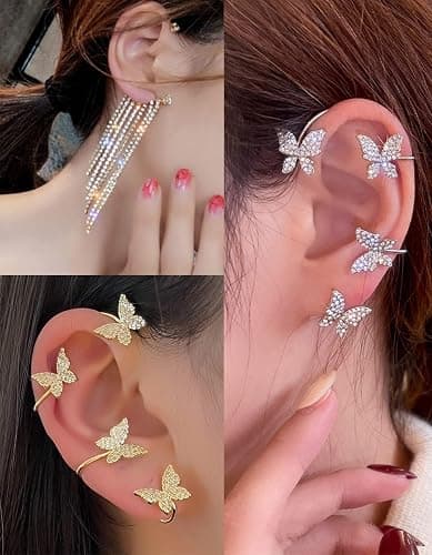 Tornito 17Pcs Ear Cuffs Chain Earrings Snake Butterfly Leaf Non Piercing Clip on Earring Fake Helix Cartilage Earrings Ear Clip Jewelry Silver Gold Tone thumbnail 4