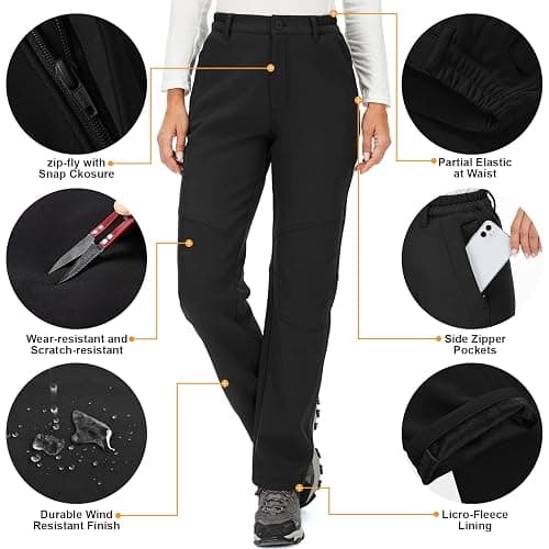 Womens Snow Pants Winter Fleece Lined Waterproof Soft Shell Insulated Outdoor Camping Travel ski Pants - 12 - 5022 Black thumbnail 4