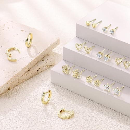 Small Gold Stud Earrings Set for Women - 14K Gold Plated CZ Huggie Hoops Hypoallergenic Earrings Dainty Flower Heart Stud Earrings for Jewelry Gift thumbnail 4