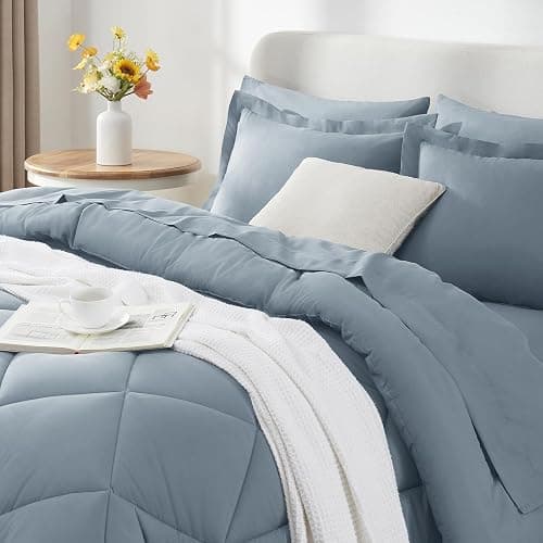 CozyLux Queen Comforter Set Dusty Blue - Bed in a Bag Queen Size 7 Pieces, Luxury Soft Bed Set for All Seasons, Bedding Set with Down Alternative Comforter, Sheets, Pillowcases & Shams, Grayish Blue - Dusty Blue - Queen thumbnail 3
