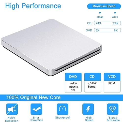 Guamar USB 3.0 Superdrive for Apple: External CD Drive for Mac MacBook Plug & Play Portable DVD Player Burner for Laptop PC Windows with USB-C Adapter/Carrying Case - Aluminum Silver thumbnail 5