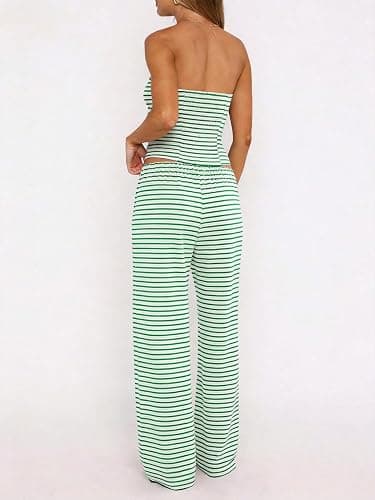 Fhykiss Women Striped Two Piece Set Tube Top Wide Leg Pants Summer Casual Matching Lounge Set Beach Vacation Travel thumbnail 3