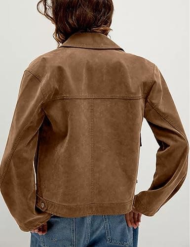 Yeokou Women Faux Leather Jacket Loose Lapel Long Sleeve Zip Up Coat Casual Fall Outwear with Pockets thumbnail 3