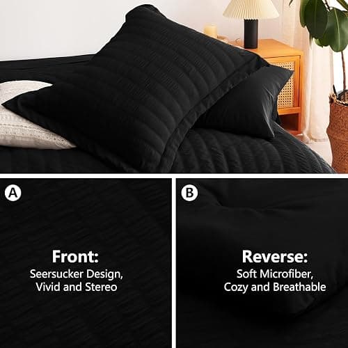 CozyLux Queen Comforter Set Black Seersucker 7 Pieces Bed in a Bag Queen Comforter Set with Sheets, Luxury Soft Bedding Set with Down Alternative Comforter, Sheets, Pillowcases & Shams for All Seasons thumbnail 5