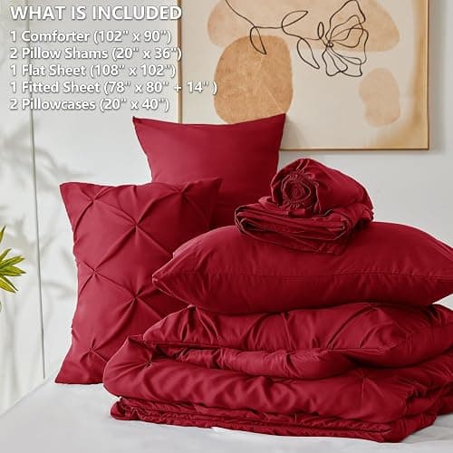 CozyLux King Size Comforter Set Dark Red, 7 Pieces Pintuck Bed in A Bag Red Comforter King Size, Pinch Pleat Bedding Set with All Season Comforter, Sheets, Pillowcases & Shams thumbnail 7