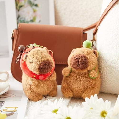 Simgoing 2 Pcs Capybara Plush Keychain Capybara Stuffed Animals Plush Pendant for Graduation Exchange Birthday Party(Turtle Bag, Strawberry Hood) thumbnail 2