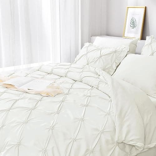 JOLLYVOGUE Ivory Full Size Comforter Sets 7 Pieces, Pintuck Bed in a Bag Comforter Set for Bedroom, Bedding Comforter Sets with Comforter, Sheets, Ruffled Shams & Pillowcases thumbnail 7