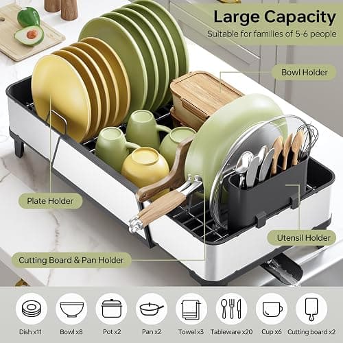 Urackify Large Dish Drying Rack - Triple Expandable Dish Rack for Kitchen Counter, Stainless Steel Sink Organization and Storage Essentials with Utensil & Pans Holder for Home and Appartment, Black thumbnail 4