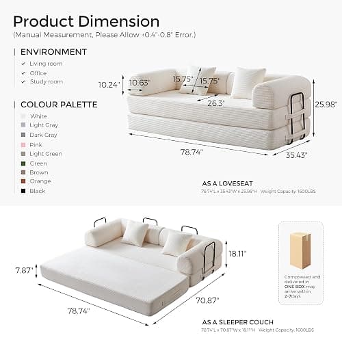 SAVENICA 79" Corduroy Floor Sofa Bed, Convertible Modular Sleeper Sofa, Removable Parts Design, Comfortable Seating and Sleeping, for Family Use, Relaxation Area (Beige White) thumbnail 2