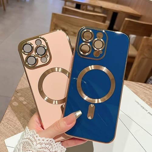 OOK Magnatic Case for iPhone 16 Pro Case [Compatible with MagSafe] Full Camera Lens Protector Gold Electroplate Edge Soft TPU Shockproof Protective Phone Case for Women Girls 6.3 Inch - Pink thumbnail 4