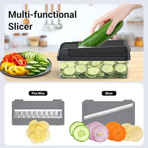 SpaceHacks 12-in-1 Vegetable Chopper, Kitchen Gadgets with 7 Blades, Veggie, Food, Onion Chopper, Cucumber Slicer, Versatile Mandoline, Includes Egg Separator & Finger Guard, Gray thumbnail 6