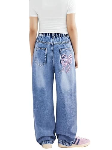 WDIRARA Girl's Bow Print Back Zipper Fly Elastic High Waist Denim Pants Basic Wide Leg Jeans - Image 1