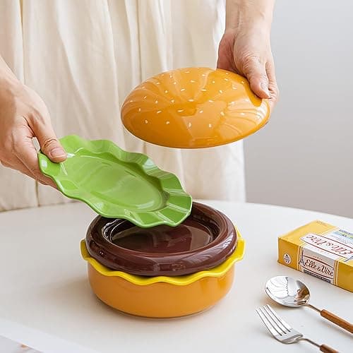 Playful 3D Hamburger Ceramic Plate Set, Playful Stackable Dessert Bowls and Decorative Burger-Shaped Platter Set, Oven Safe and Dishwasher Friendly, Ideal for Parties, Family Dinners, and Kid thumbnail 2