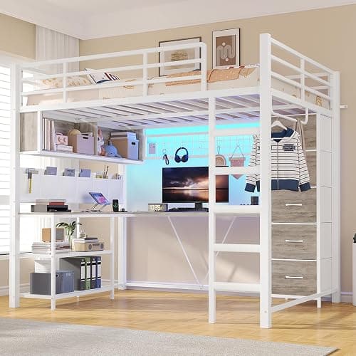 VIAGDO Loft Bed Full Size with L-Shaped Desk and 5 Storage Drawers, Full Size Loft Bed with Charging Station and LED Lights, Metal Loft Bed with Safety Guardrail & Ladder, Space-Saving (White) - Image 1