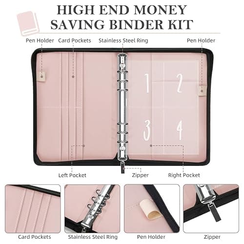Ospelelf Money Saving Binder Savings Challenge Book with 100 Envelopes Zipper Closure Leather 52 Weeks Budget Planner to Save $10000 $5050 Gold-Flecked Off-White thumbnail 6