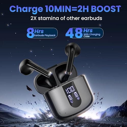 Haqquio Wireless Earbuds, Bluetooth Headphones with Deep Bass Stereo, 48H Playback Ear Buds with LED Power Display, Lightweight, IPX7, in-Ear Earphones with Mic for iPhone/Android/iPad, Black thumbnail 3