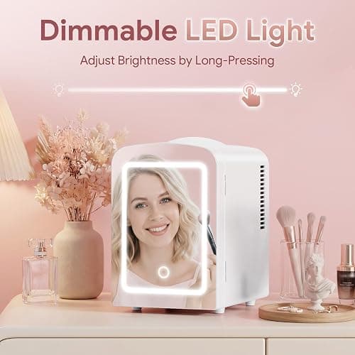 Xbeauty 4L Mini Skincare Fridge With Dimmable LED Mirror | Mini Makeup Fridge for SkinCare, Cosmetics, Food & Drinks, Portable Small Refrigerator for Bedroom, Dorm, Car, Office, White thumbnail 4