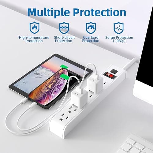 TiFFCOFiO Surge Protector Power Strip, 6 Feet Extension Cord, 600 Joules Surge Protection, Multiple Protection 6 Outlet Strip, 14 AWG Cord, 15A/1875W, ETL Listed, 2 Packs thumbnail 2