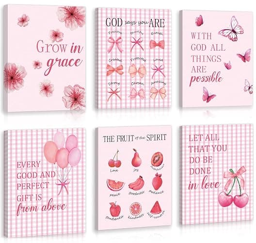 CHDITB 6Pcs Pink Girly Affirmation Framed Canvas Wall Art, Trendy Flower Bow Butterfly Cherry Balloon Poster Prints, Cute Inspirational Quotes Artwork for Teen Girl Bedroom Preppy Dorm (8" X 10") - Image 1