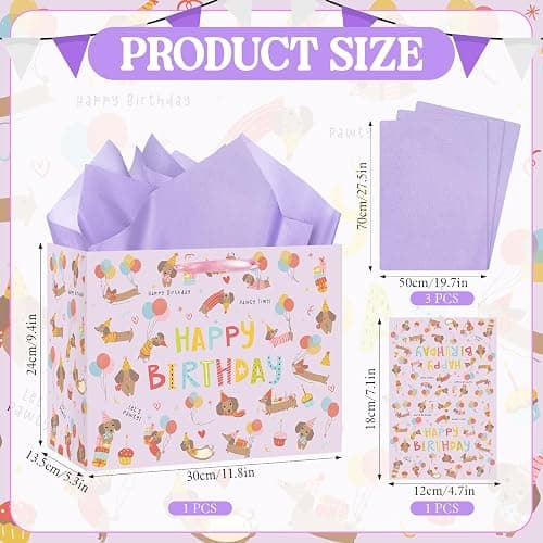 Large Dog Birthday Gift Bag Set with Tissue Paper and Greeting Card Cute Dachshund Dogs Birthday Bag Purple Dachshund Doggy Puppy Dog Pet Gift Wrapping Paper with Handles for Girl Boy Kids Men Women thumbnail 2
