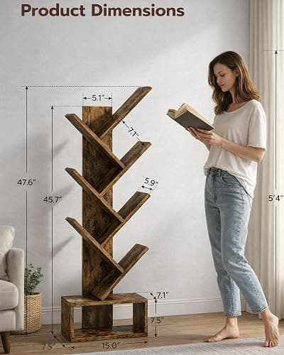 6 Tier Tree Book Shelf - Small Bookshelf Decor, Corner Bookshelf, Living Room Storage, Tall Narrow DVD & CD Shelf Storage Bookshelves, Comic Bookcases Standing for Bedroom or Office, Rustic Brown thumbnail 3