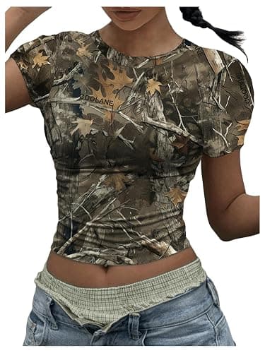 RoseSeek Women's Y2k Camo Maple Leaf Print Crop T Shirts Crew Neck Short Sleeve Slim Fit Tops Grunge Going Out - Image 1