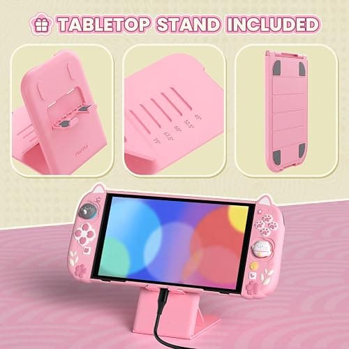 PlayVital Cherry Blossoms Kitten Protective Case for Nintendo Switch 2 with Stand | Cute Cat Ear & Paw Silicone Grips, Dockable Hard Shell, 2 Joystick Caps | Full-Body Protection Cover, Pink thumbnail 7