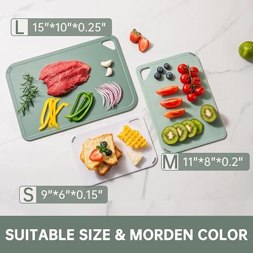 THETCHRY Plastic Cutting Board Set of 3-Cutting Boards for Kitchen BPA Free | Large-Small Chopping Boards, Non-Slip for Cooking, Dishwasher Safe, Camping, Portable, with Grip Handle, Sage Green thumbnail 4