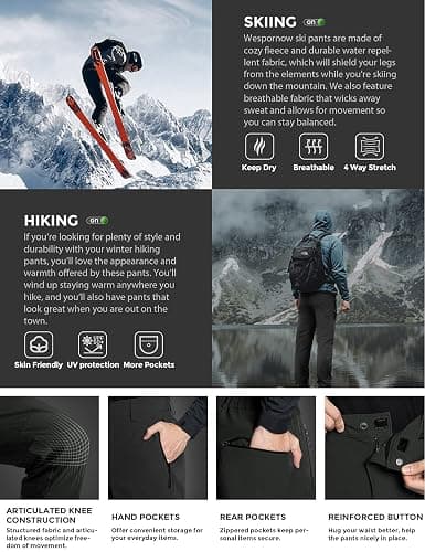 Wespornow Men's-Fleece-Lined-Hiking-Pants Water-Resistance-Snow-Ski-Pants Softshell Snowboarding Pants for Winter, Outdoor thumbnail 5